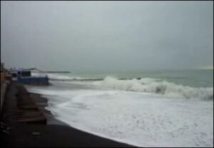 Bordighera. Schlechtes Wetter mit Sturmflut in 